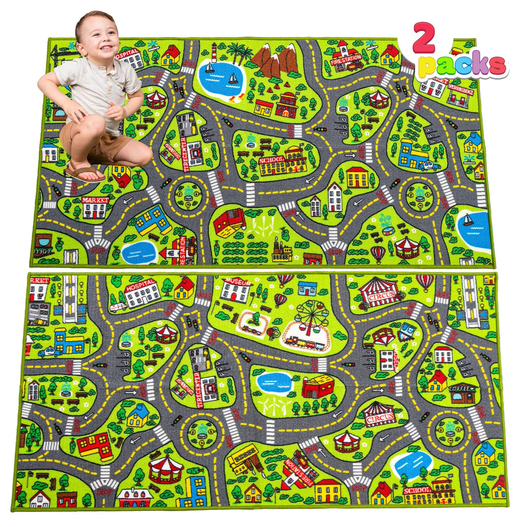 2 Teppich Kinderzimmer 80x150cm (Gesamt 160x150cm) für Kinder ab 3 Jahren, Spielteppich Strasse Kind