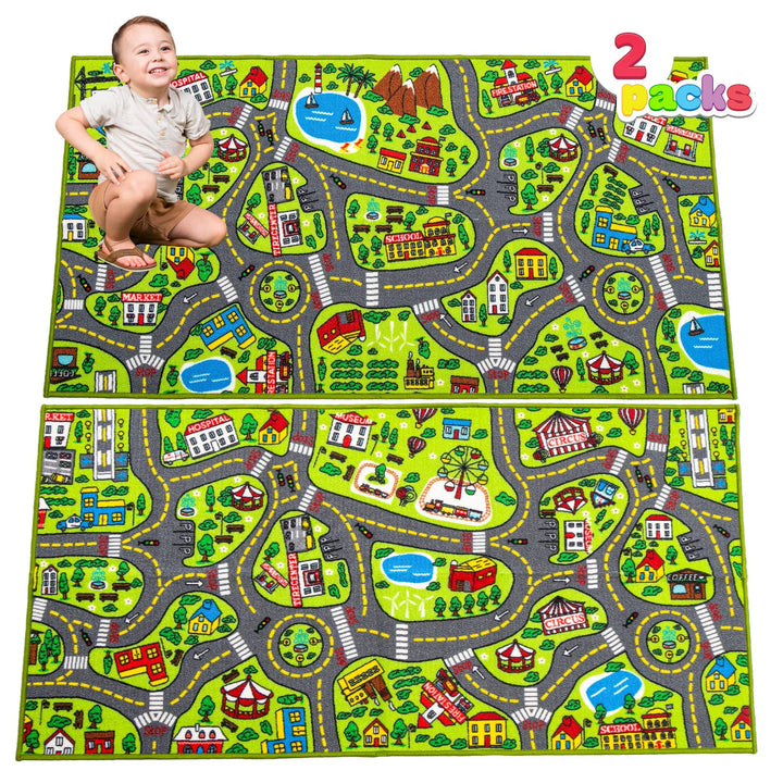 2 Teppich Kinderzimmer 80x150cm (Gesamt 160x150cm) für Kinder ab 3 Jahren, Spielteppich Strasse Kind