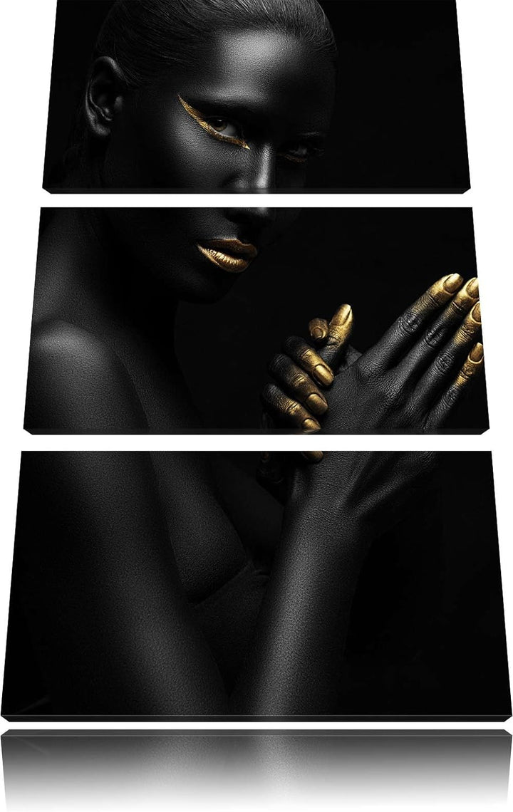 Pixxprint Frau mit goldenen Lippen / 3-Teilig/Gesamtmass 120cm Leinwandbild bespannt auf Holzrahmen/