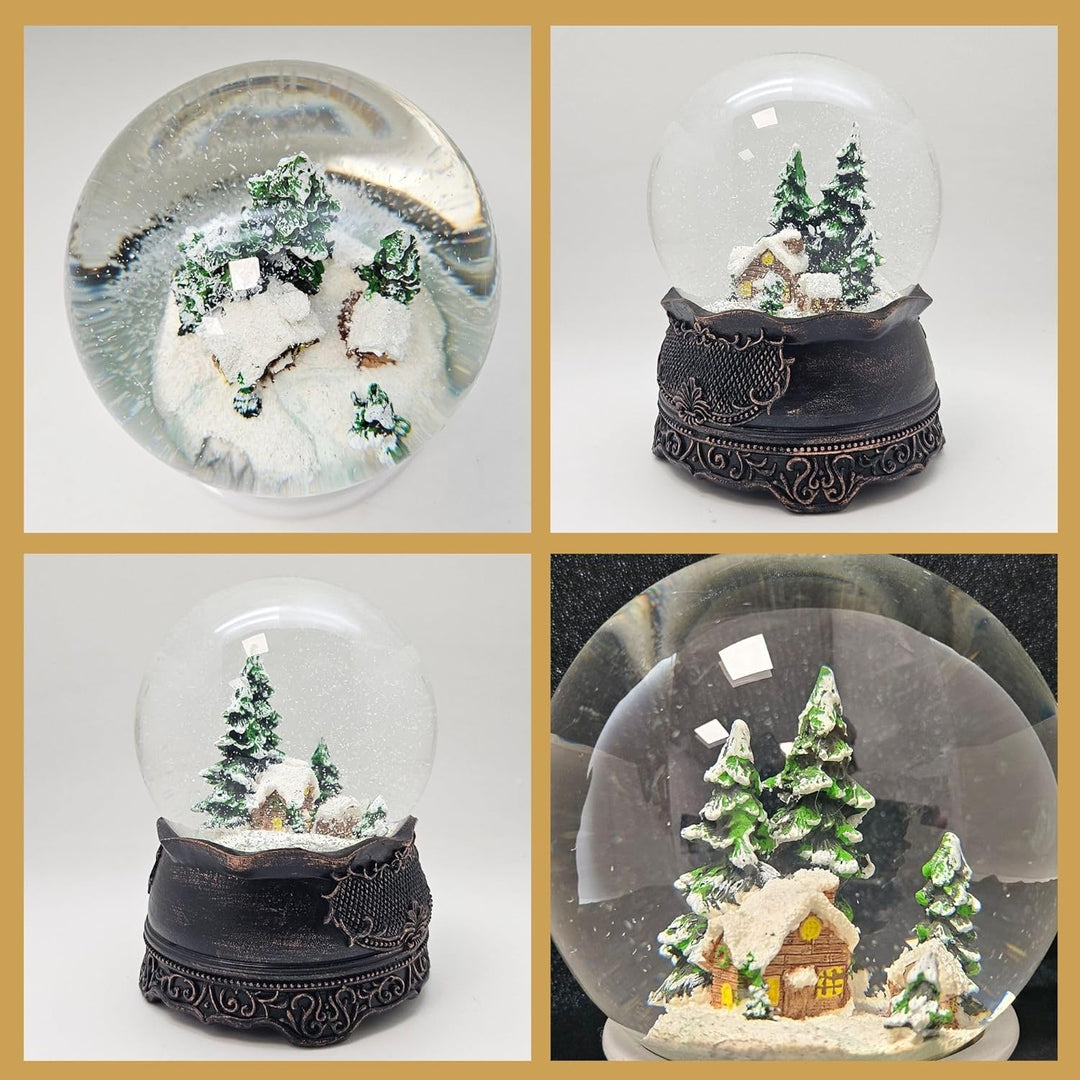 Schneekugel Weihnachten Spieluhr | Hüttenzauber Berghütte | Sockel Kupfer antik | Höhe: 140mm, Breit