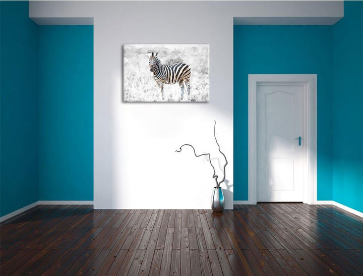 einzelnes Zebra im Wildgras schwarz/weiss Deluxe Format: 100x70 cm auf Leinwand, XXL riesige Bilder