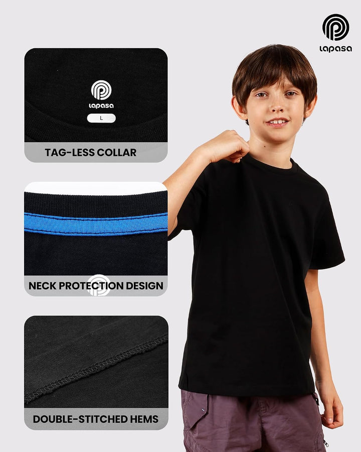 LAPASA Kinder T Shirt 100% Baumwolle 4er Pack Unisex 3-13 Jahre/ 95-165 Jungen Jungs Sport Tshirt K0