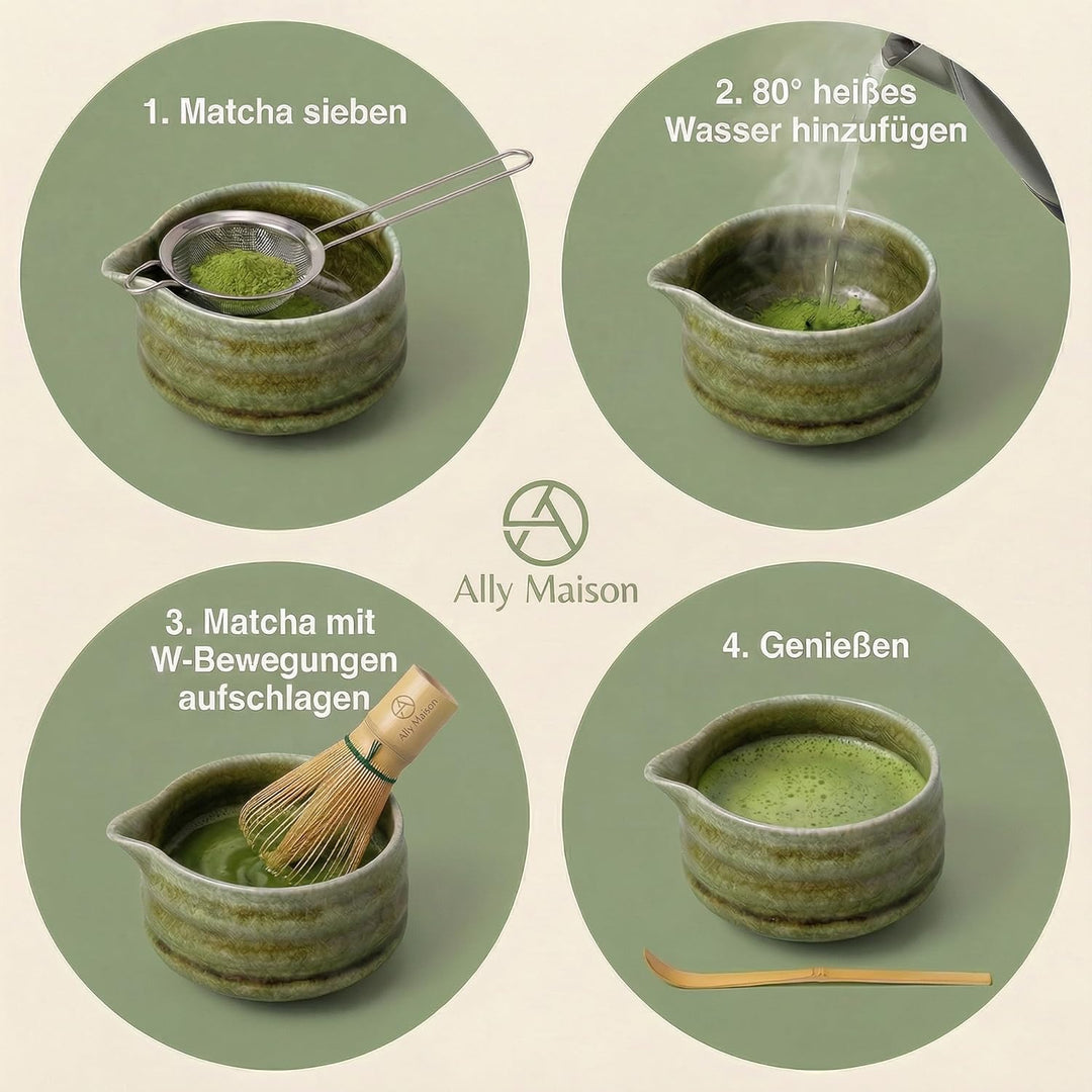 Design Matcha Set 5-teilig in grün – Hochwertige Keramikschale mit Bambusbesen (Chasen) – Stilvolles