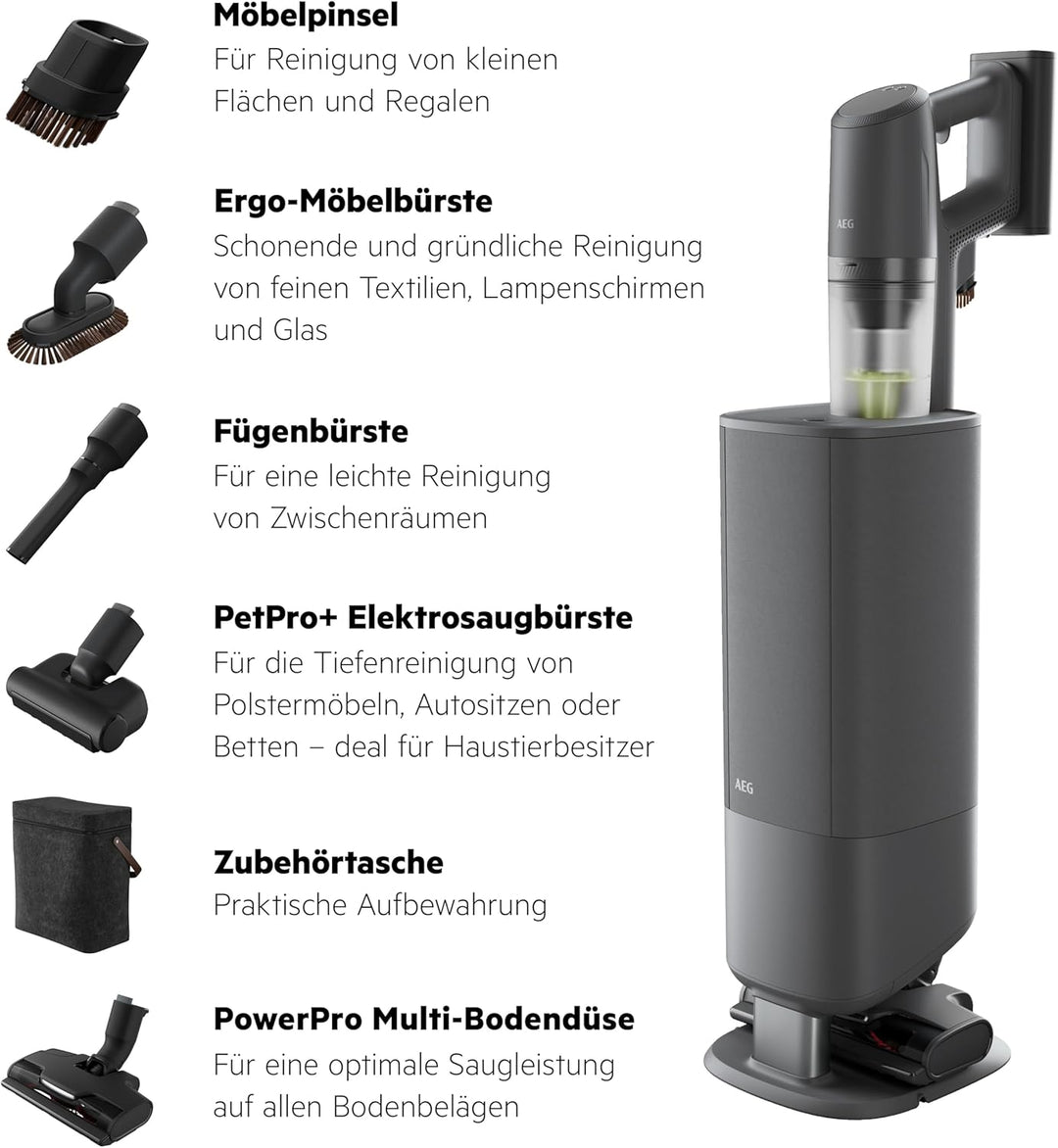 AEG Ultimate 8000 Akku Staubsauger mit Absaugstation, von Stiftung Warentest mit GUT (2,5), Auto‑Mod