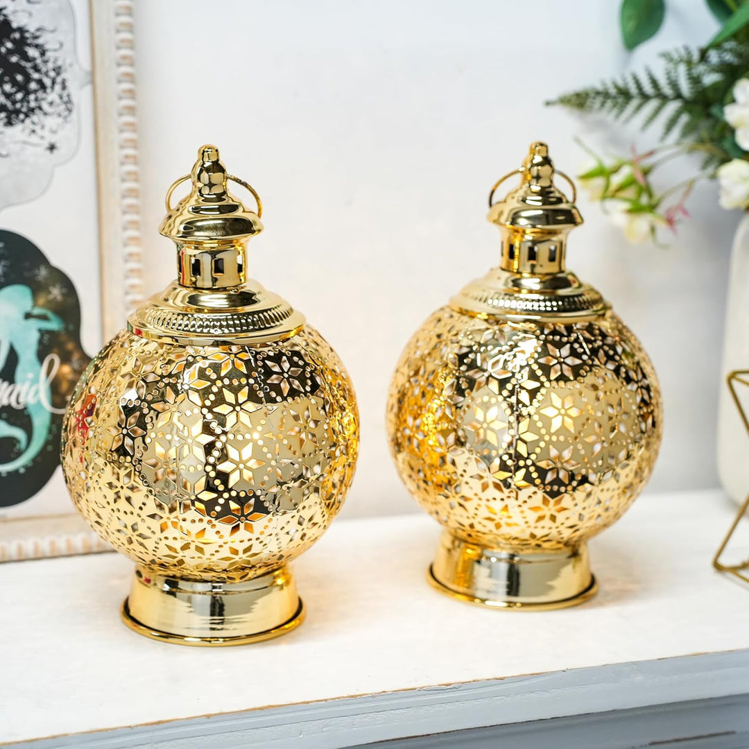 TRIROCKS Ramadan-Laternen, 2 Stück, 25,4 cm, Gold, elektrischer Kerzenhalter mit Timer, Metall, deko