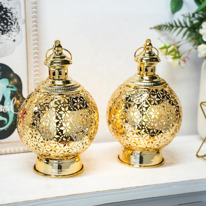 TRIROCKS Ramadan-Laternen, 2 Stück, 25,4 cm, Gold, elektrischer Kerzenhalter mit Timer, Metall, deko