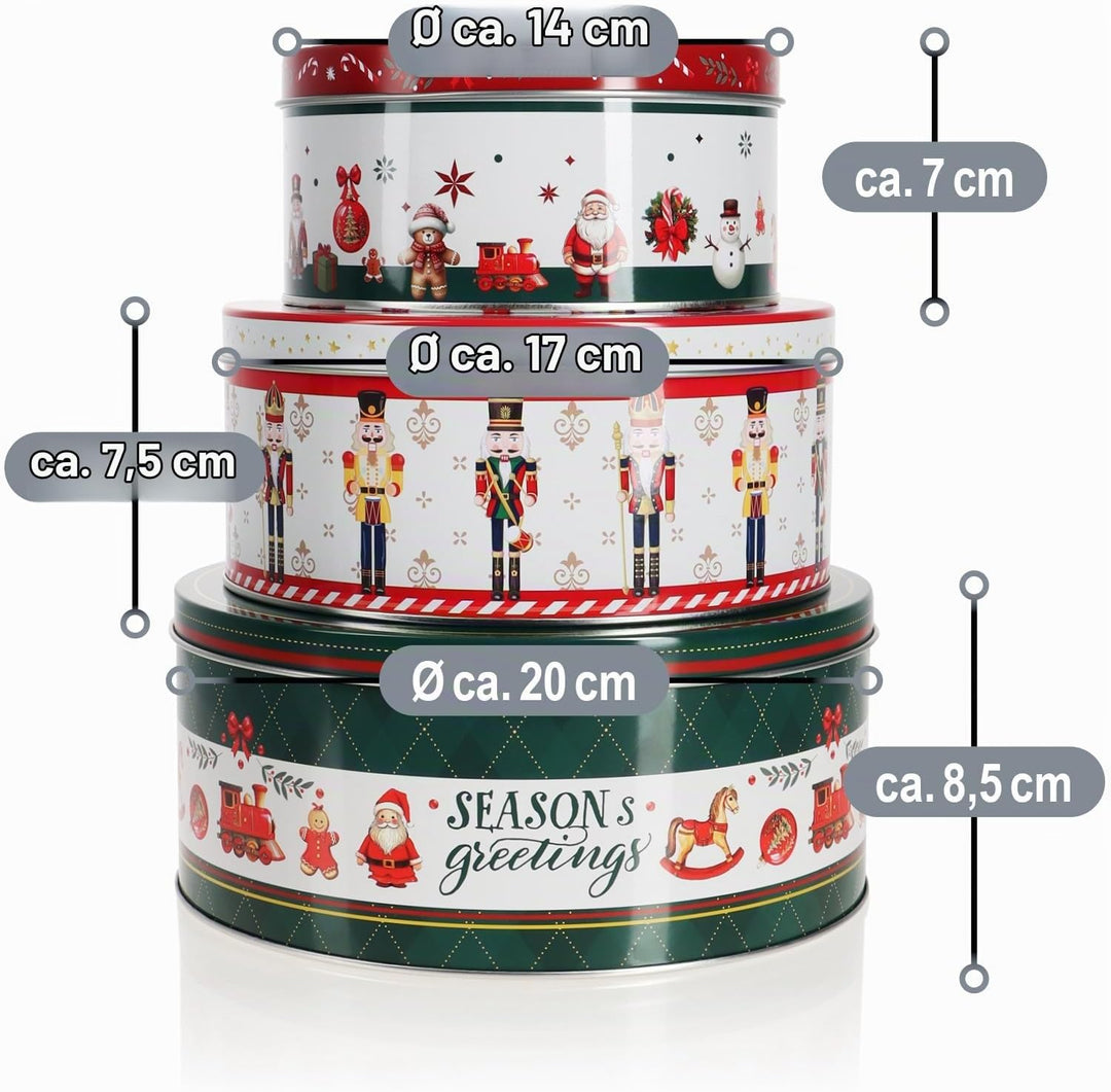 com-four® 3x Vorratsdosen aus Metall - ineinander stapelbare Keksdosen mit Adventskranz, Nussknacker