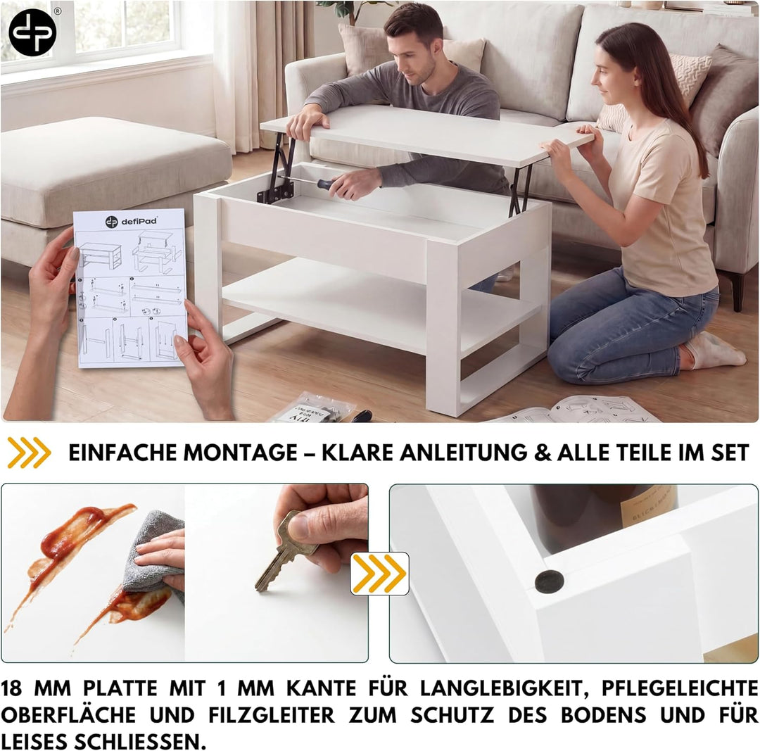 defiPad Couchtisch Weiss Höhenverstellbar mit Stauraum, Wohnzimmertisch mit hochziehbarer Tischplatt