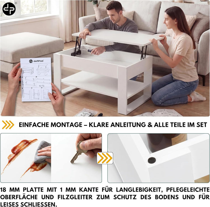 defiPad Couchtisch Weiss Höhenverstellbar mit Stauraum, Wohnzimmertisch mit hochziehbarer Tischplatt