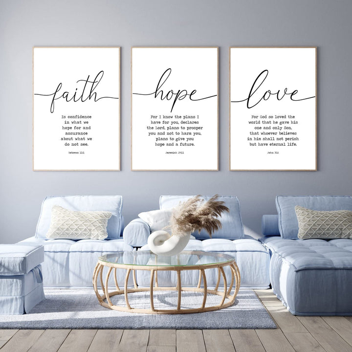 Leinwand-Kunstdruck mit Bibelversen "Glaube Hoffnung und Liebe", 3-teilig, für Gelassenheit, Gebet,