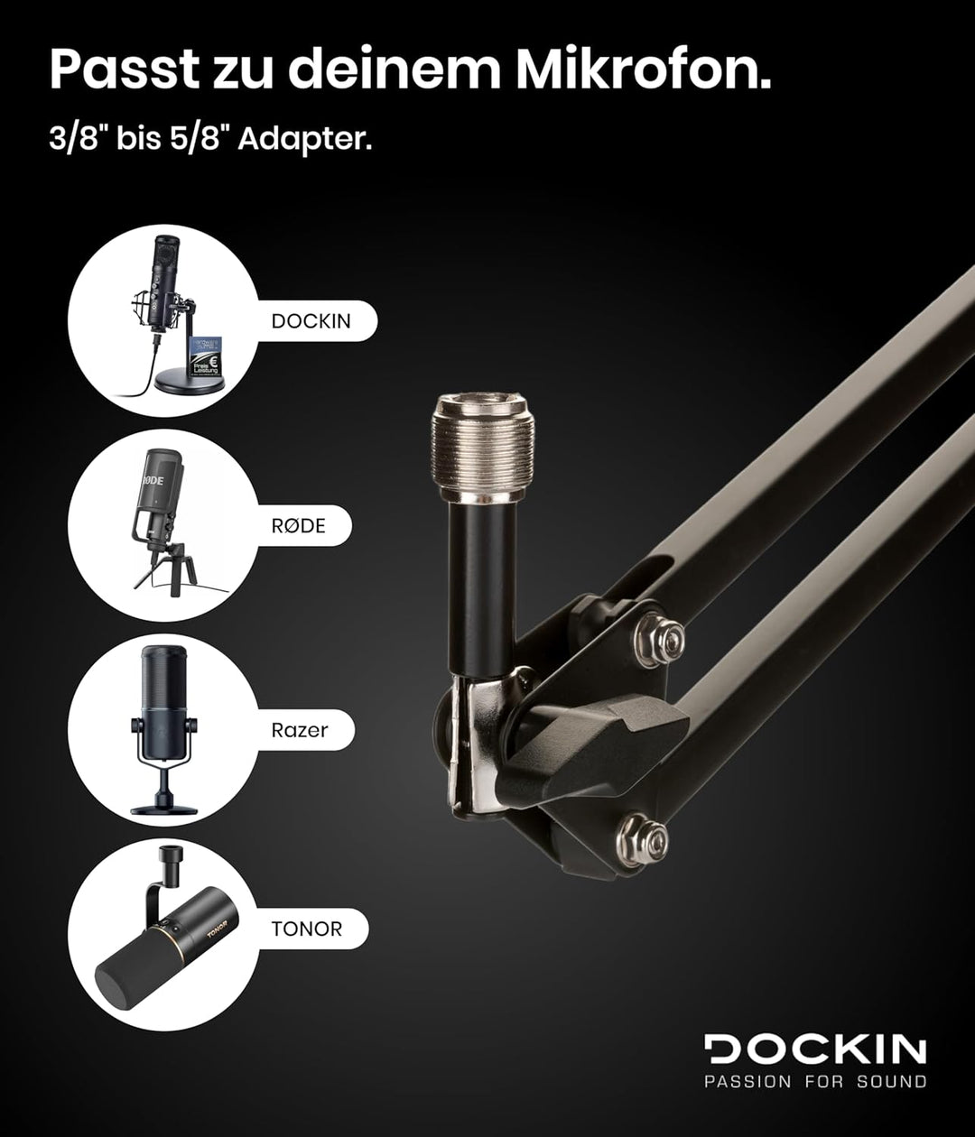 DOCKIN® Mikrofon Arm [84cm Schwenkreichweite] - Kompatibel mit RØDE Mikrofone, Razer Mikrofone, etc.