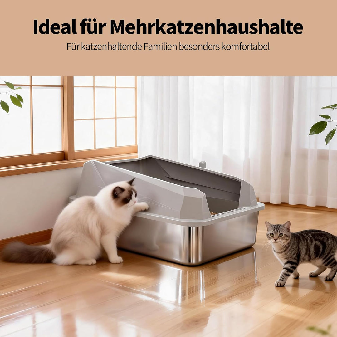 Edelstahl Katzentoilette mit Deckel, Hohe Wände, Grosse Katzen | Mehrkatzenhaushalte, Auslaufsicher,