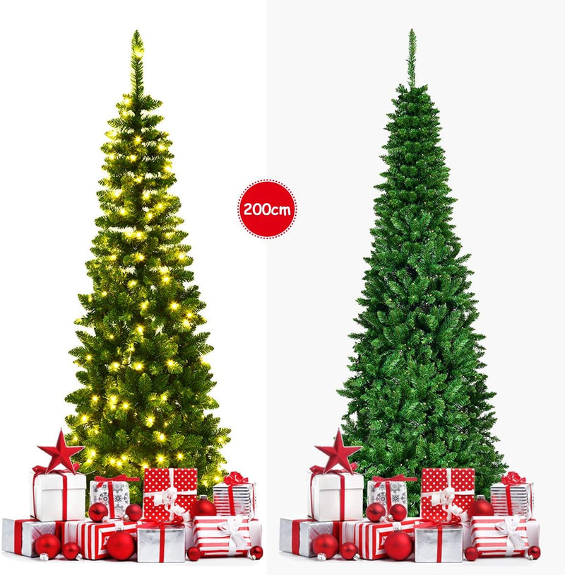 COSTWAY 135/200/225cm Bleistift Weihnachtsbaum mit warmweissen LED-Leuchten, künstlicher Tannenbaum