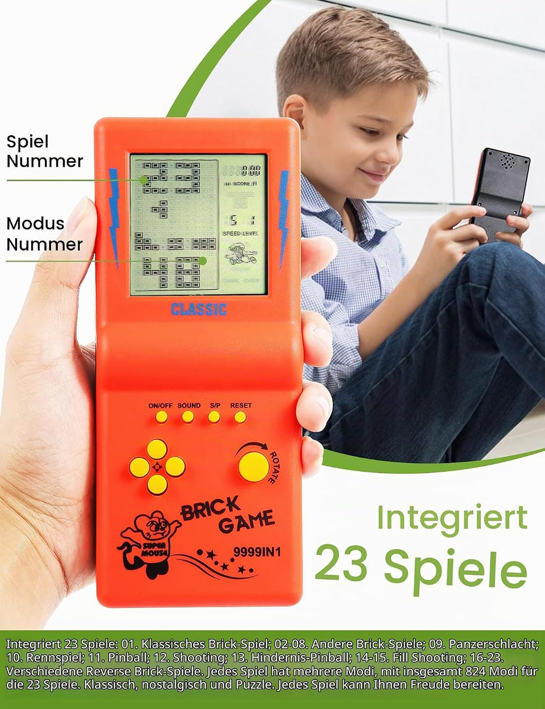 HLF 3,5-Zoll-Grossbild-Ziegel Spielkonsole Baustein Spiel Renn- / Panzerspiel eingebaute 23 Klassisc