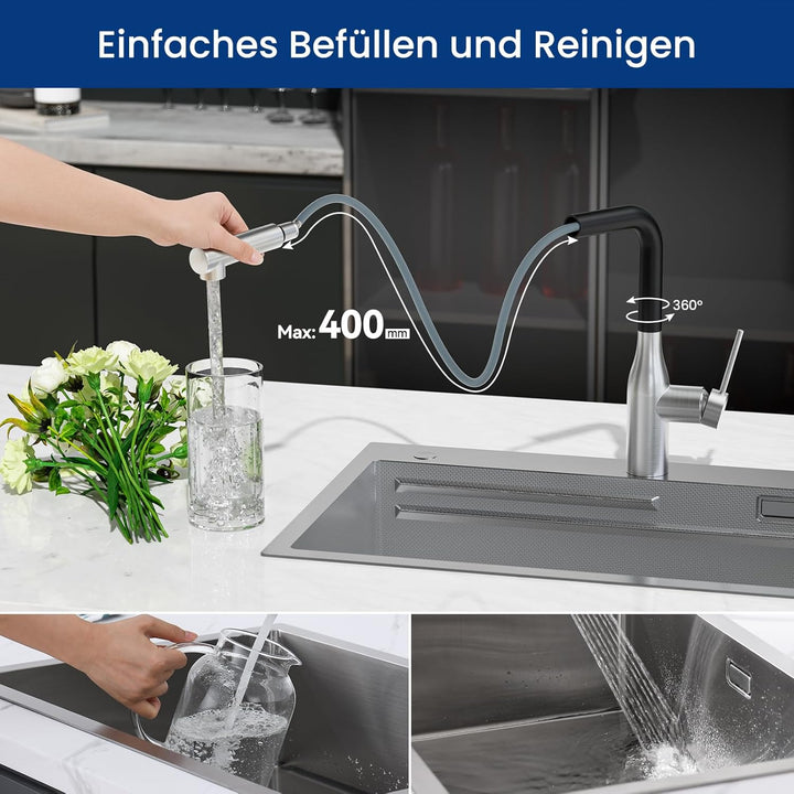 CECIPA Wasserhahn Küche Ausziehbar, Hochdruck Küchenarmatur Schwarz und Edelstahl, 360° Schwenk Arma