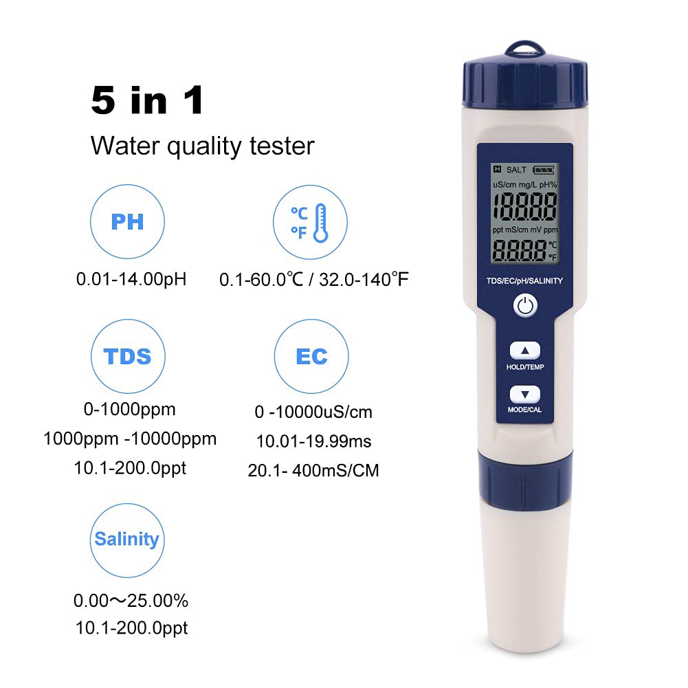 Meichoon 5 in 1 TDS/EC/PH/Salzgehalt/Temperaturmessgerät Digitaler Wasserqualitätsmesser Tester für