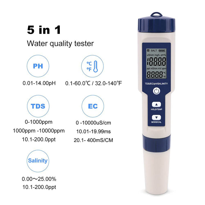 Meichoon 5 in 1 TDS/EC/PH/Salzgehalt/Temperaturmessgerät Digitaler Wasserqualitätsmesser Tester für