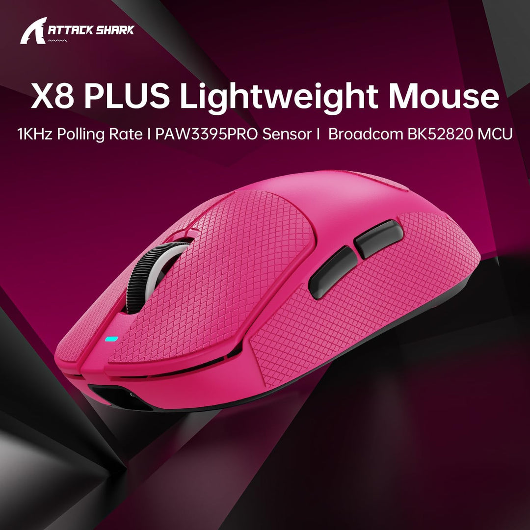 ATTACK SHARK X8PLUS Mouse with Grip Tape for Large Hand, 55g Superlight, PixArt PAW3395PRO Gaming Se