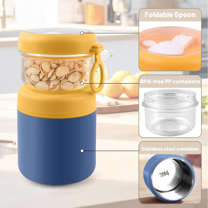 Edelstahl Müslibecher to Go, 2-in-1 Joghurtbecher to Go Mit Löffel, 530ml+330ml Tragbarer Auslaufsic