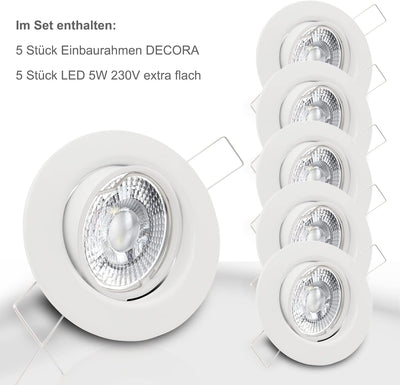 trendlights24 Decora Decken Einbaustrahler flach 35 mm 230V 5er Set - LED Spots je 5W Neutralweiss 4