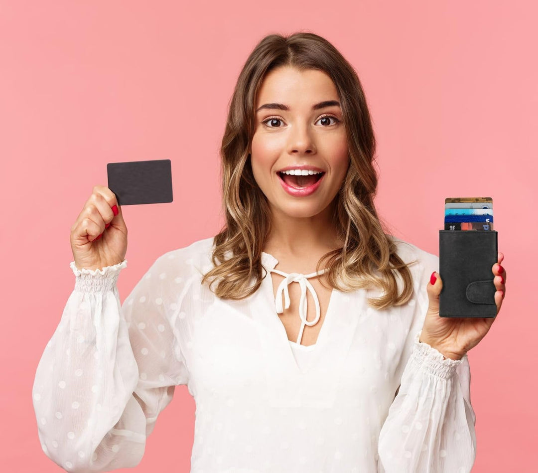 CLICKSAFE® Kreditkartenetui mit Münzfach und Geldscheinfach aus schwarzem Hunterleder mit schwarzem