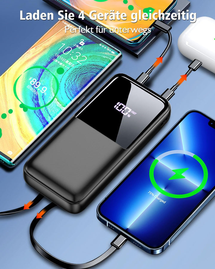 Power Bank 26800mAh, Tragbares Ladegerät mit 3 Anschlüssen & 2 integrierten Kabeln, USB C Schnelllad