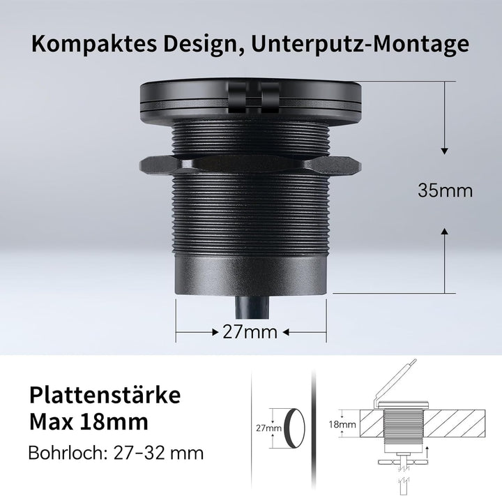 acegoo USB C Steckdose 12V Auto Wohnmobil 48W, Typ C Buchse Einbau Dose Aluminum Wasserdicht 12 Volt