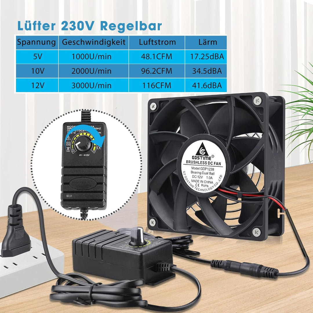 GDSTIME Lüfter 220v Lüfter 12V 120 x38mm Lüfter 230V mit AC Geschwindigkeit Kontrolle DC 3V -12V Küh