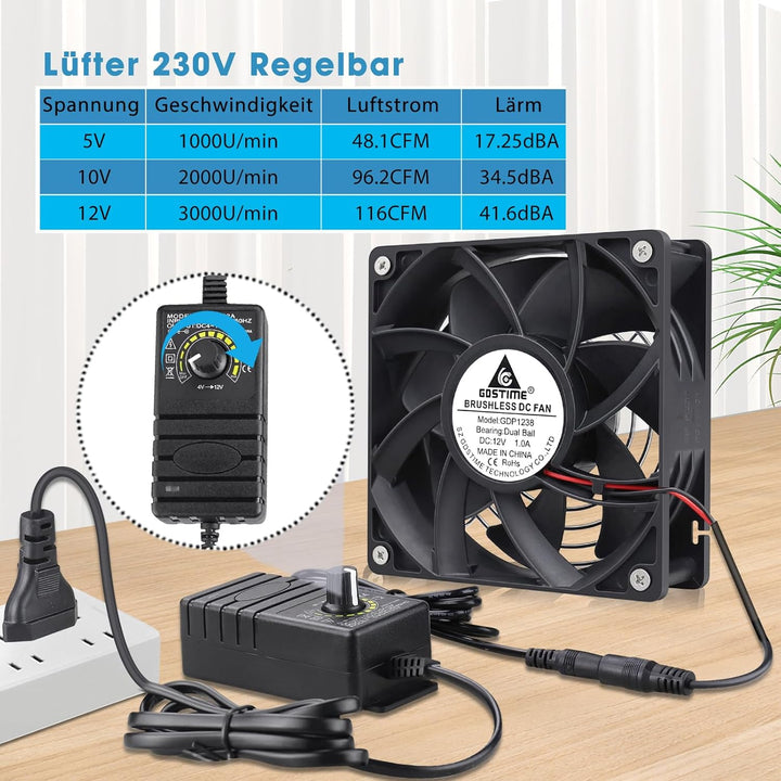 GDSTIME Lüfter 220v Lüfter 12V 120 x38mm Lüfter 230V mit AC Geschwindigkeit Kontrolle DC 3V -12V Küh