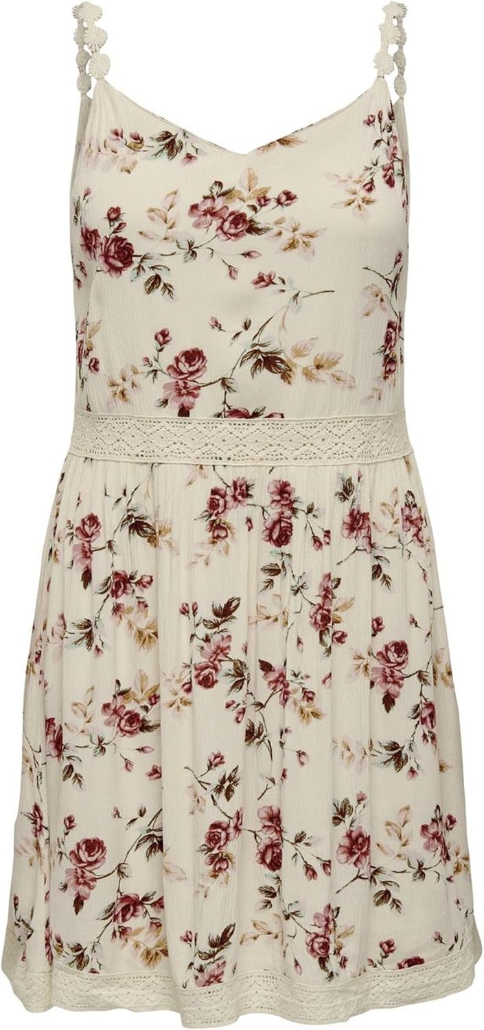 Only Damen Kleid Karmen Anne Träger-Kleid mit Blumen-Muster 15177478 Creme brûlée: Rose Flower 34 EU