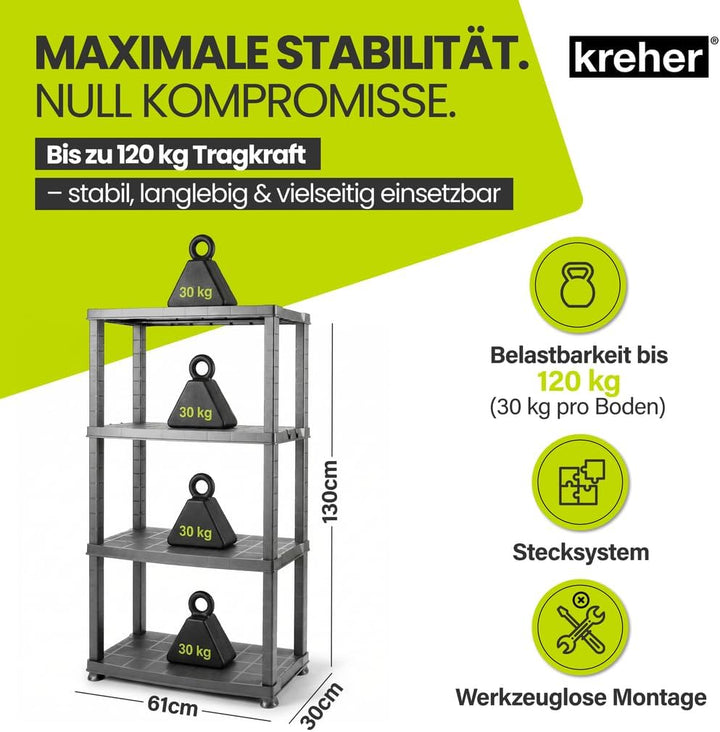 Kreher® Kunststoffregal „Neo“ mit 4 Böden - Steckregal für Haushalt, Keller &amp; Garage - Standregal, L