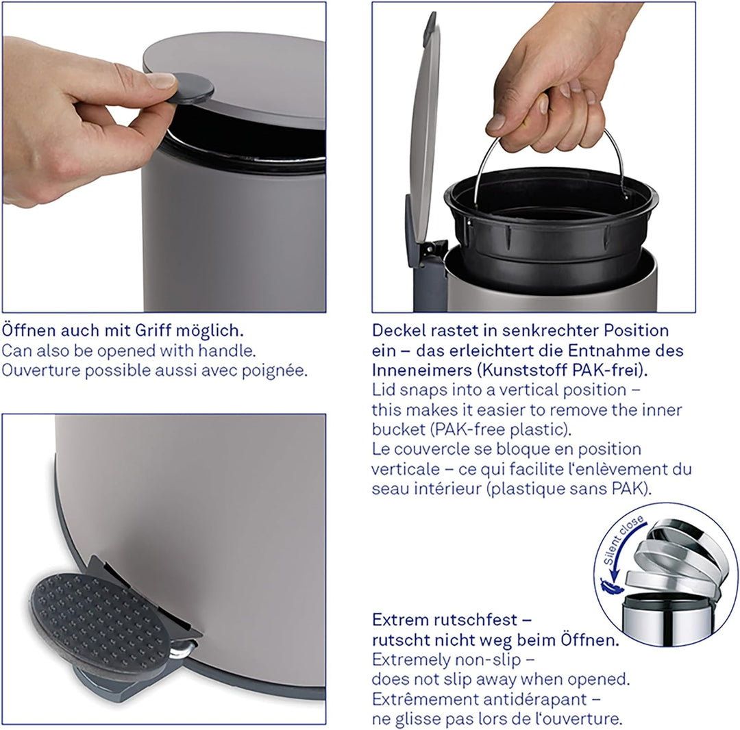 kela Kosmetikeimer Mats, 5 L, Ø 20,5 cm, Metall, hellgrau, Silent-Close, herausnehmbarer Inneneimer