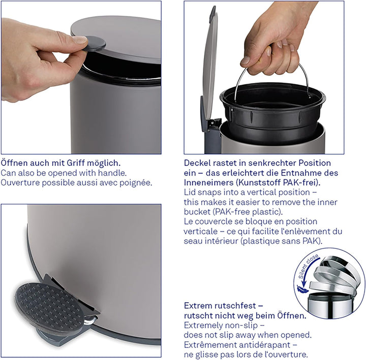 kela Kosmetikeimer Mats, 5 L, Ø 20,5 cm, Metall, hellgrau, Silent-Close, herausnehmbarer Inneneimer