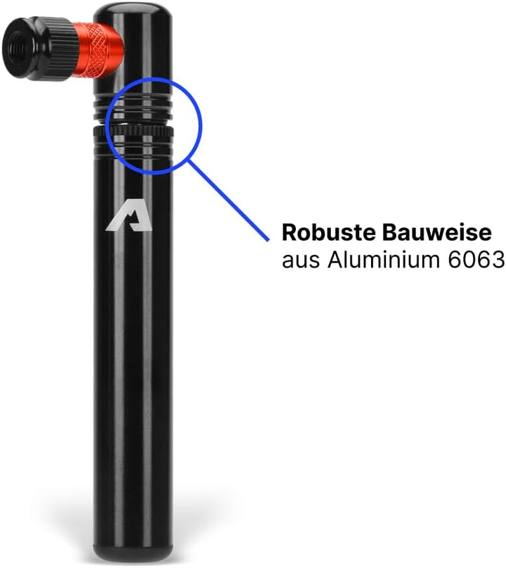 Alpensattel Fahrrad Mini-Pumpe mit Rahmenhalterung, 6063 Aluminium, 60 g, 130 mm, bis 11 bar / 160 p