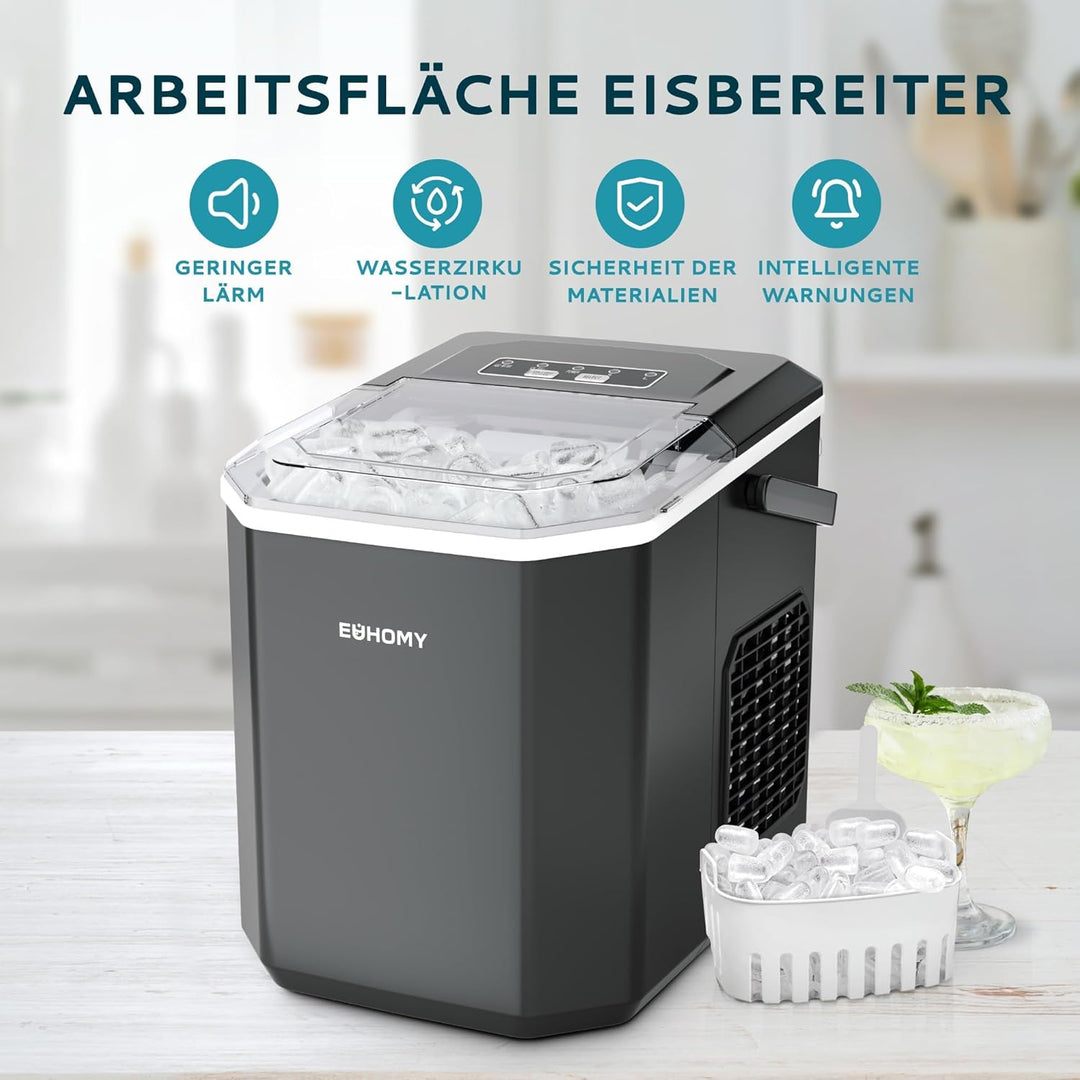 EUHOMY Eiswürfelmaschine, 9 Würfel in 6 Min, Bullet-Eismaschine, 2 Würfelgrössen, Edelstahl-Eismasch
