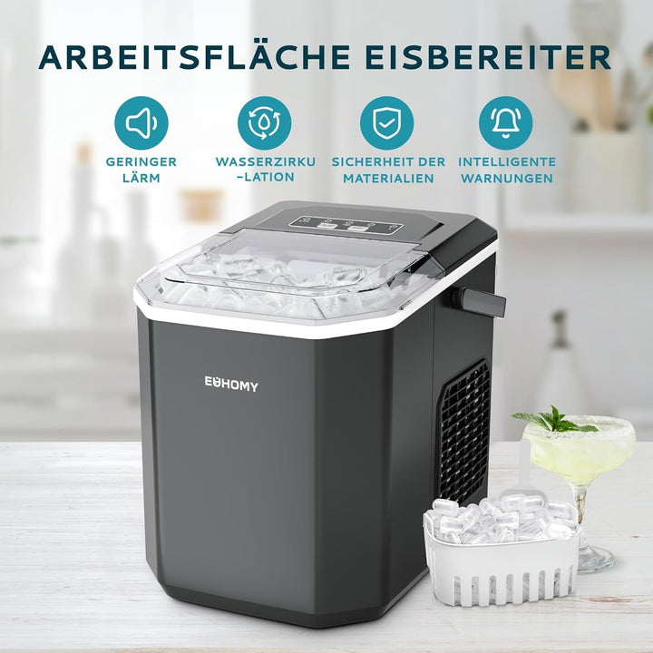 EUHOMY Eiswürfelmaschine, 9 Würfel in 6 Min, Bullet-Eismaschine, 2 Würfelgrössen, Edelstahl-Eismasch