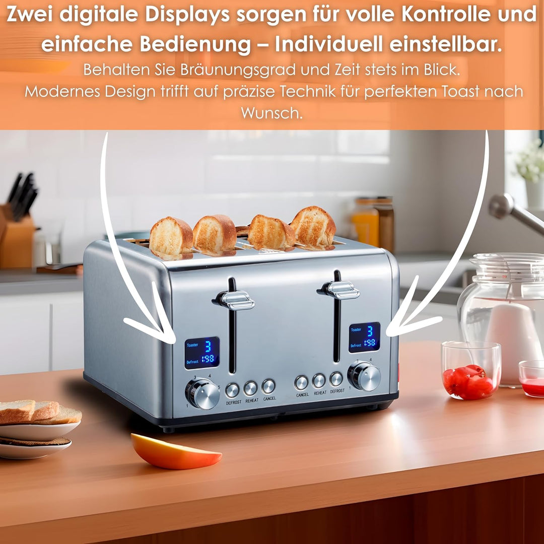 Toaster Langschlitz | Digitales Display mit Countdown | Beleuchtete Tasten | 4 Scheiben Toastautomat