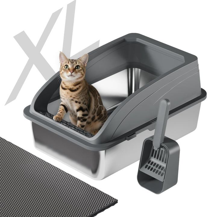 Katzentoilette Edelstahl Halbgeschlossen Gross | Katzenstreuschaufel, Doppelschicht Matte, Leicht zu
