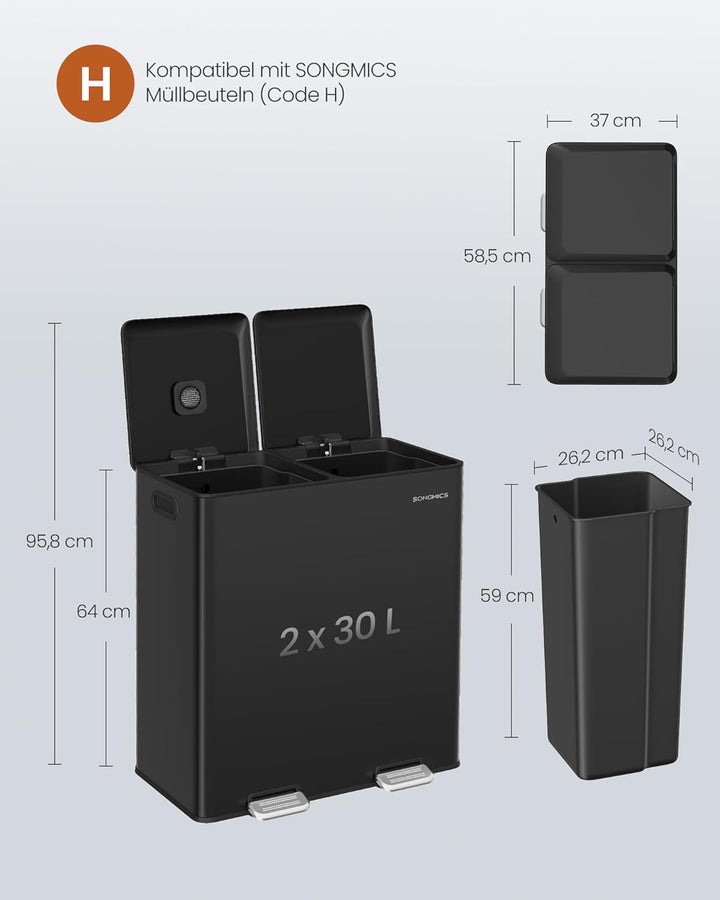 SONGMICS Mülleimer Küche, 2 x 30 L, 2 Fächer, Mülltrennsystem, Softclose, herausnehmbare Inneneimer,
