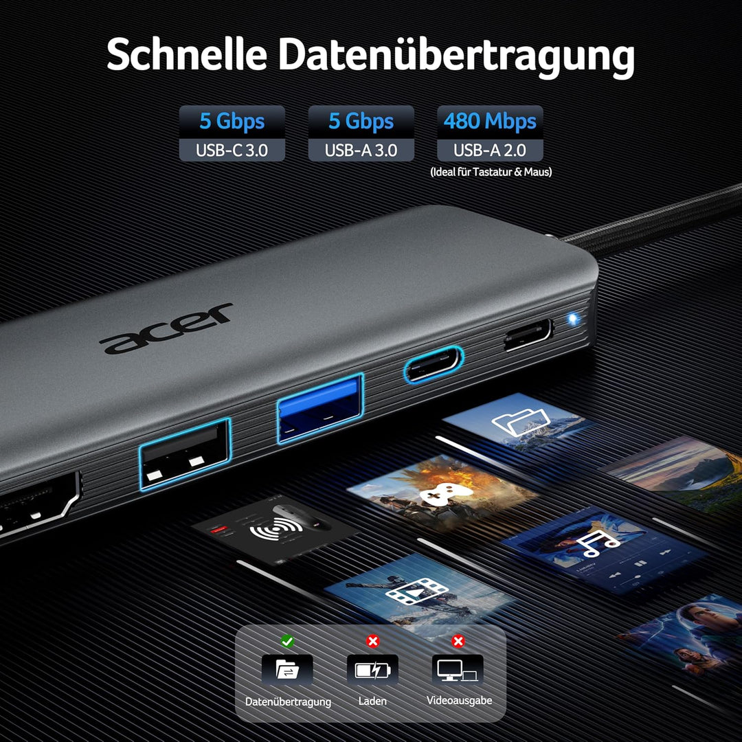 acer USB C Hub 5-in-1, 4K@60Hz USB C auf HDMI Adapter, USB-A+USB-C 5 Gbps Datenport, PD 100W, Multip