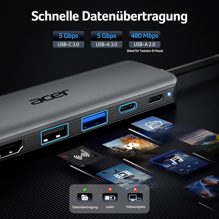 acer USB C Hub 5-in-1, 4K@60Hz USB C auf HDMI Adapter, USB-A+USB-C 5 Gbps Datenport, PD 100W, Multip