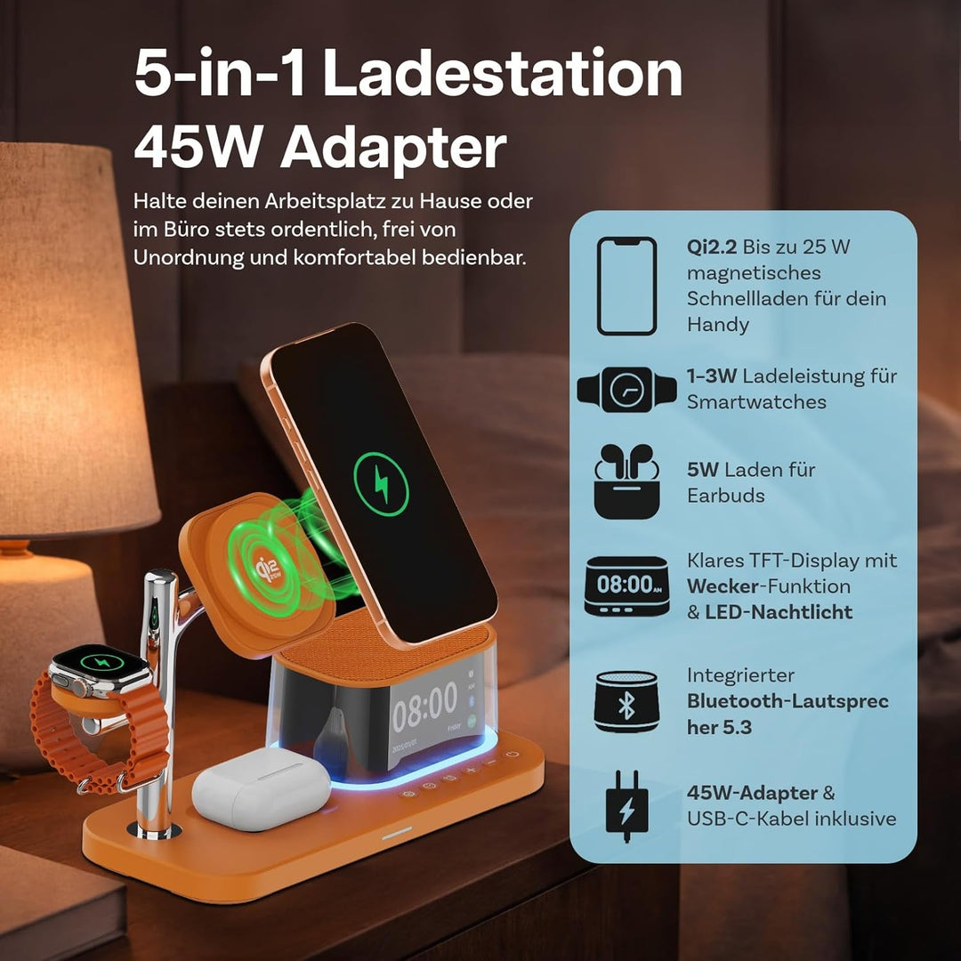 Kabellose Ladestation 5-in-1 mit Wecker, Bluetooth-Lautsprecher & LED-Nachtlicht für MagSafe von MMO