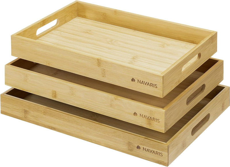 Navaris Serviertablett Tablett aus Bambus - 3x Servierplatte Frühstückstablett Holztablett - rechtec