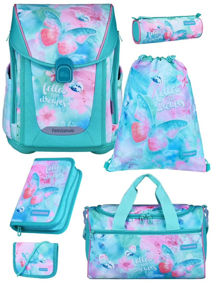 Familando - Premium Schulranzen Set - 6-teilig mit Sporttasche - Butterfly (Schmetterlinge) - Ergono