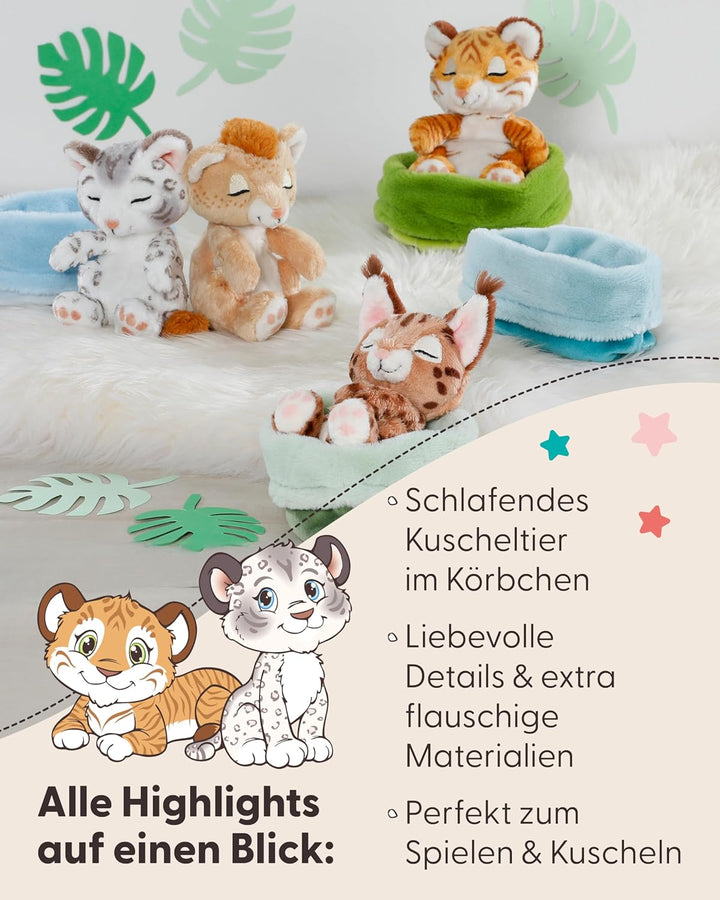 NICI Kuscheltier Tiger 12cm schlafend im Körbchen - braun - Stofftier aus weichem Plüsch, niedliches