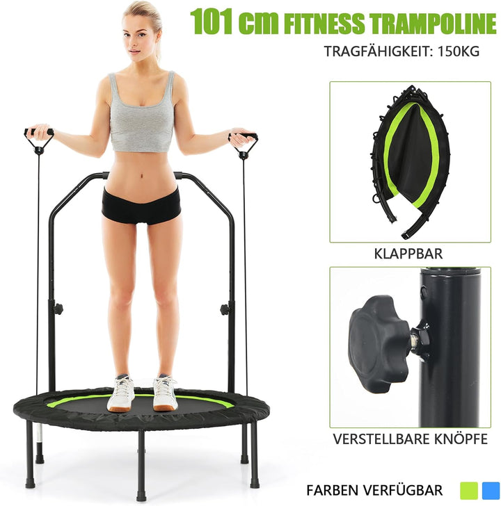 GOPLUS Fitnesstrampolin Indoor, φ101cm Mini Trampolin mit verstellbarem Griff, Bodentrampolin klappb