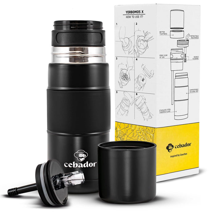 Mate Tee Thermosflasche Yerbomos X 3in1 450ml Schwarz - Thermobecher Bombilla und Behälter für Pulve