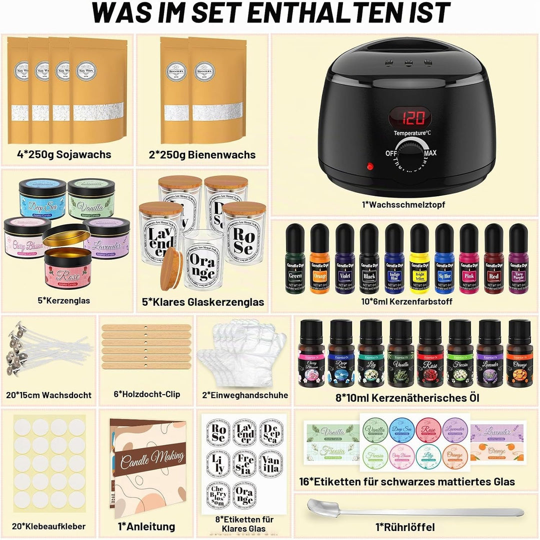 Kerzen Selber Machen Set mit Wachsschmelzer - Komplettes Candle Making Kit für Anfänger, Kerzen Gies