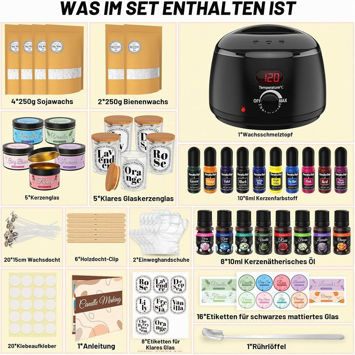 Kerzen Selber Machen Set mit Wachsschmelzer - Komplettes Candle Making Kit für Anfänger, Kerzen Gies