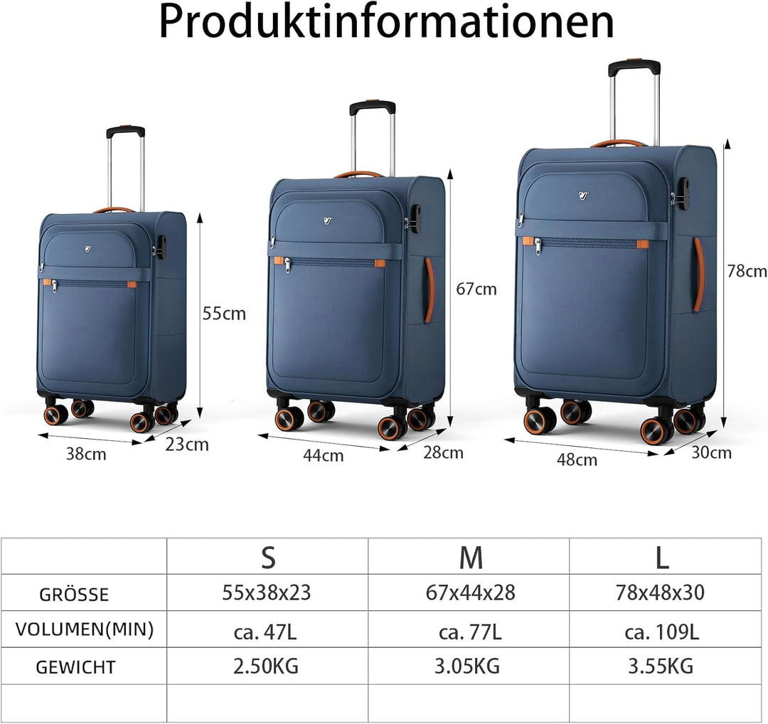 Weichschalen Handgepäck Koffer klein 55x35x23cm - Stoff Koffer Trolley - Leicht Reisekoffer mit 4 Ro
